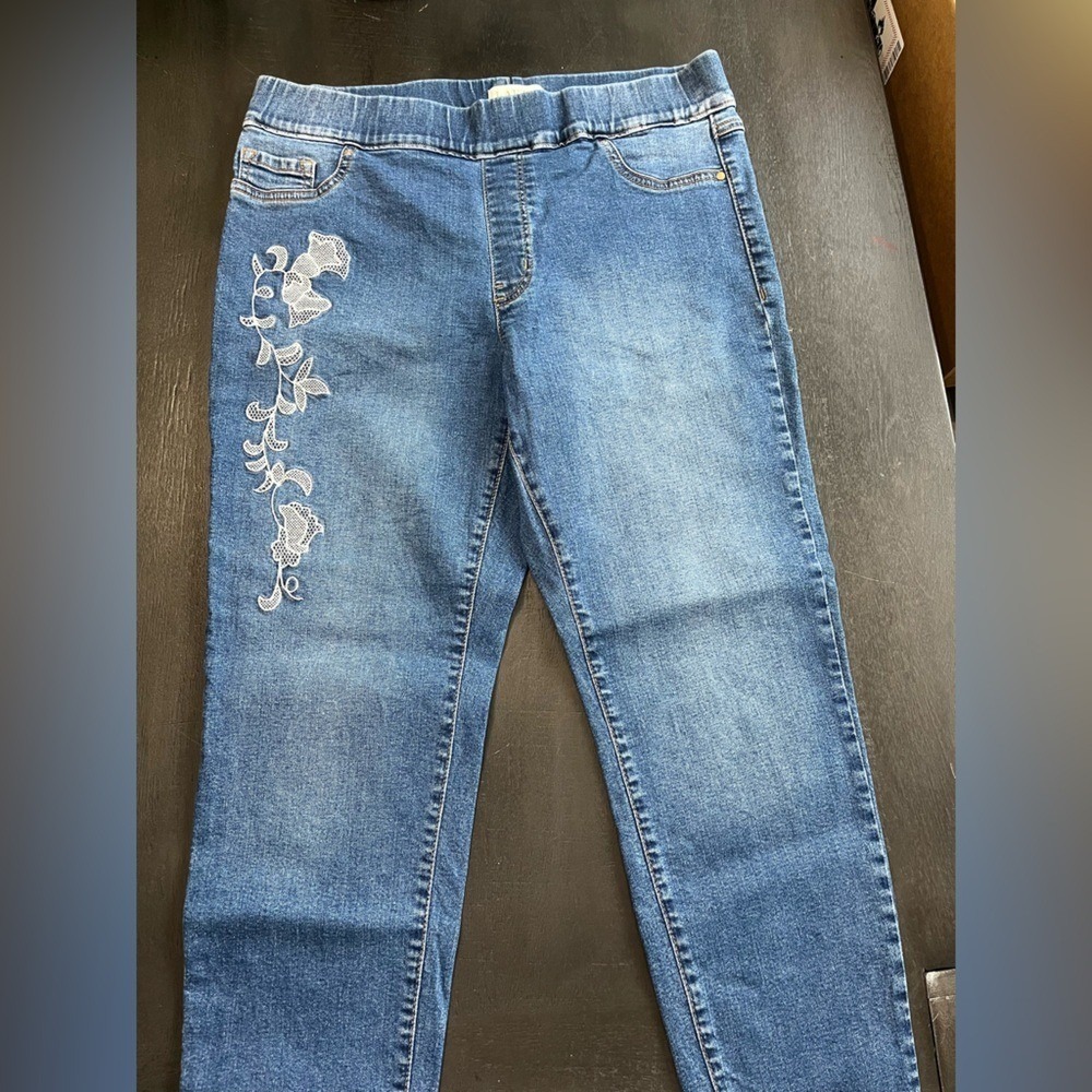 Laura Petites Blue Lace Floral Pull On Denim Jeggings Slim Fit Womens Size 12